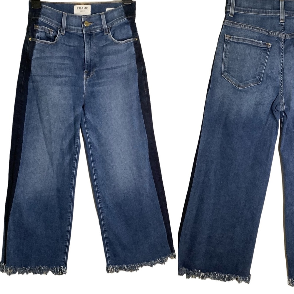 Frame flared fringed‎ blue jeans with front side stripe. Mid rise size 25
